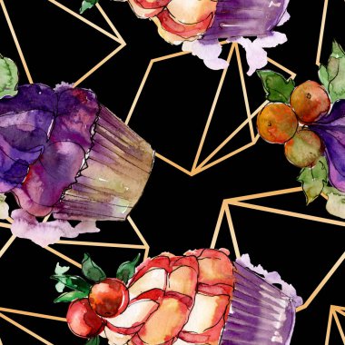 Suluboya tarzında lezzetli cupcake. Aquarelle tatlı tatlı illüstrasyon seti. Kesintisiz arka plan deseni.