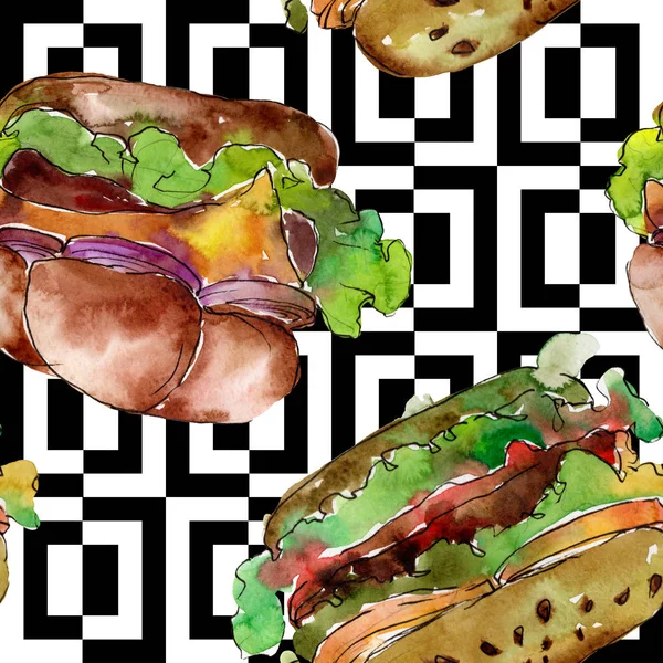 Hamburger fast food isolated. Watercolor background illustration set. Seamless background pattern.