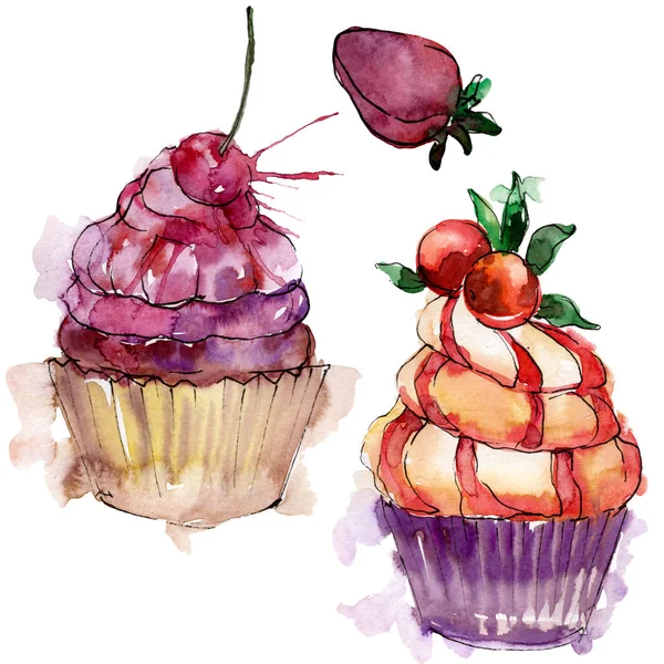 Läckra cupcake i en akvarell stil. Aquarelle söt dessert illustration set. Isolerade desserter bakgrund element. — Stockfoto