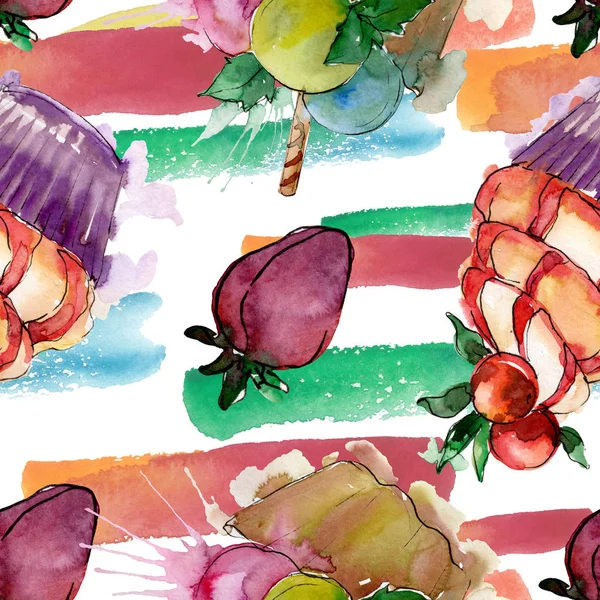 Läckra cupcake i en akvarell stil. Aquarelle söt dessert illustration set. Sömlöst bakgrundsmönster. — Stockfoto