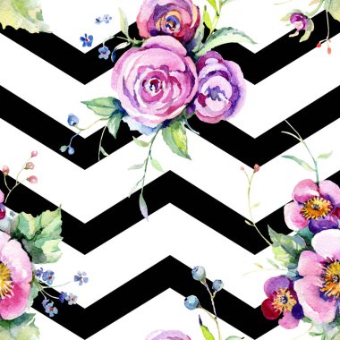 Pembe gül buketi loral botanik çiçekler. Suluboya arka plan illüstrasyon seti. Kesintisiz arka plan deseni.