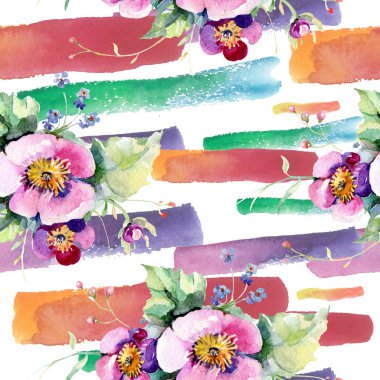 Pembe gül buketi loral botanik çiçekler. Suluboya arka plan illüstrasyon seti. Kesintisiz arka plan deseni.