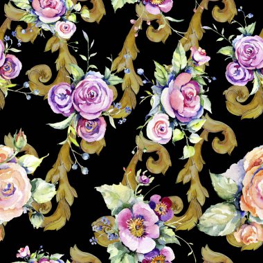 Pembe gül buketi loral botanik çiçekler. Suluboya arka plan illüstrasyon seti. Kesintisiz arka plan deseni.