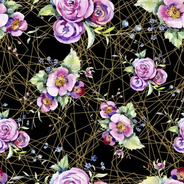 Pembe gül buketi loral botanik çiçekler. Suluboya arka plan illüstrasyon seti. Kesintisiz arka plan deseni.