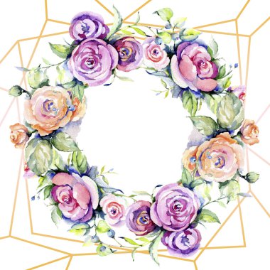 Pembe gül buketi loral botanik çiçekler. Suluboya arka plan illüstrasyon seti. Çerçeve kenarlık süs karesi.