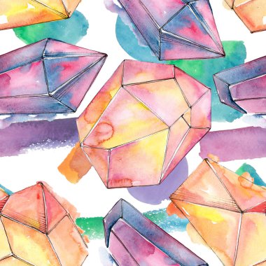 Renkli elmas taş takı mineraller. Suluboya kristal taş arka plan ayarlayın. Sorunsuz arka plan deseni.