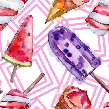 Sulu Boya stilinde lezzetli dondurma. Aquarelle şekerli tatlı şekilde ayarlayın. Sorunsuz arka plan deseni.