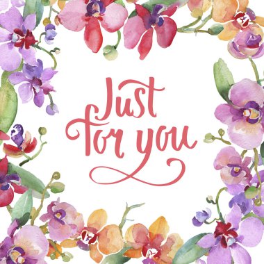 Orkide buketleri çiçek botanik çiçekler. Suluboya arka plan illüstrasyon seti. Çerçeve kenarlık süs karesi.