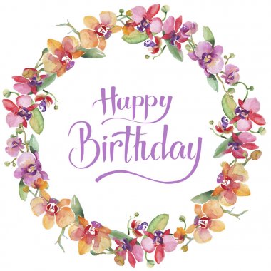 Orkide buketleri çiçek botanik çiçekler. Suluboya arka plan illüstrasyon seti. Çerçeve kenarlık süs karesi.