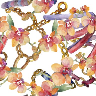 Orkide buketleri çiçek botanik çiçekler. Suluboya arka plan illüstrasyon seti. Kesintisiz arka plan deseni.