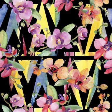 Orkide buketleri çiçek botanik çiçekler. Suluboya arka plan illüstrasyon seti. Kesintisiz arka plan deseni.