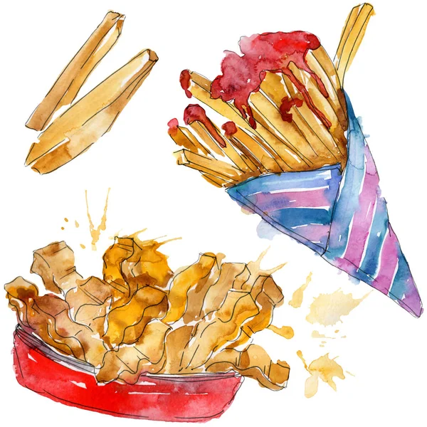 Papas fritas de comida rápida en un conjunto de estilo acuarela. Aquarelle ilustración de alimentos para el fondo. Elemento aislado de patata . — Foto de Stock