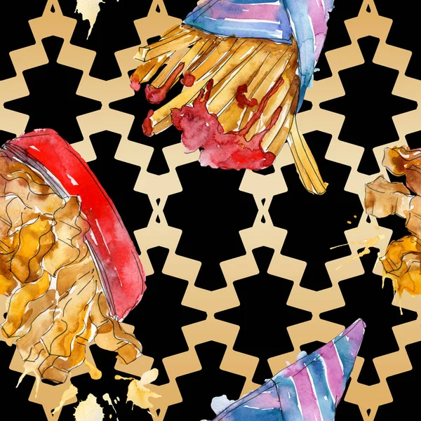 Papas fritas de comida rápida en un conjunto de estilo acuarela. Conjunto de ilustración de fondo acuarela. Patrón de fondo sin costuras . — Foto de Stock