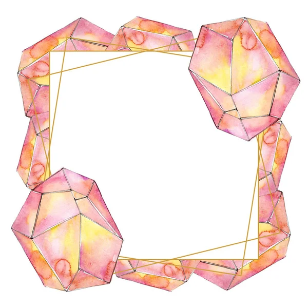 다채로운 다이아몬드 바위 보석 미네랄. 수채화 배경 일러스트 세트입니다. 프레임 테두리 장식 광장. — 스톡 사진