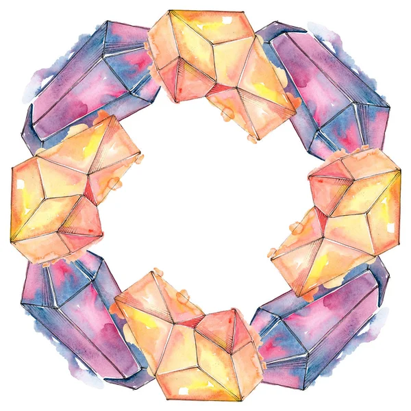Colorful diamond rock jewelry minerals. Watercolor background illustration set. Frame border ornament square.