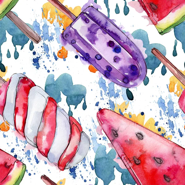 Tasty ice cream in a watercolor style. Aquarelle sweet dessert illustration set. Seamless background pattern. — Stock Photo, Image