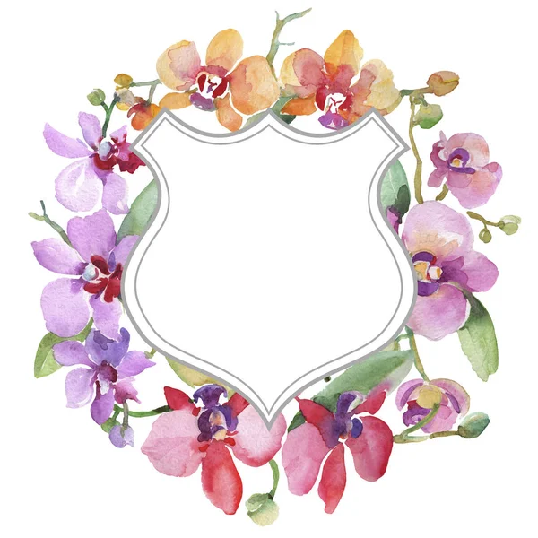 Ramos de orquídeas flores botánicas florales. Conjunto de ilustración de fondo acuarela. Marco borde ornamento cuadrado . — Foto de Stock