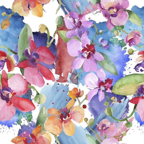 Orchid bouquets floral botanical flowers. Watercolor background illustration set. Seamless background pattern.