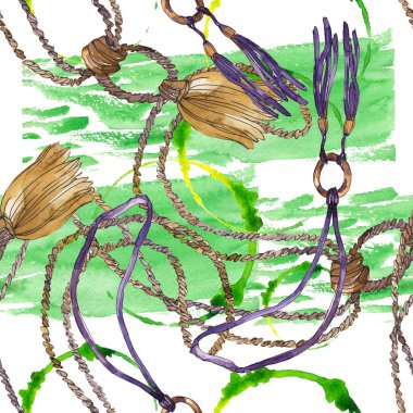 Halat ve püsküller bir suluboya tarzı izole eleman glamour illüstrasyon kroki. Kesintisiz arka plan deseni.