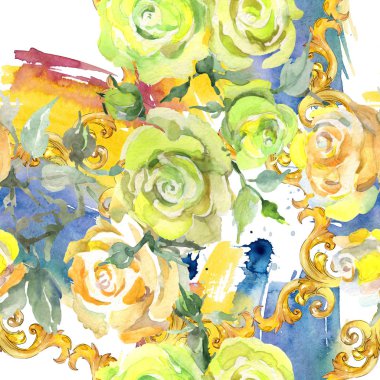 Gül buketi çiçek botanik çiçekleri. Suluboya arka plan illüstrasyon seti. Kesintisiz arka plan deseni.