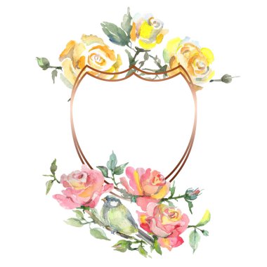 Gül buketi çiçek botanik çiçekleri. Suluboya arka plan illüstrasyon seti. Çerçeve kenarlık süs karesi.