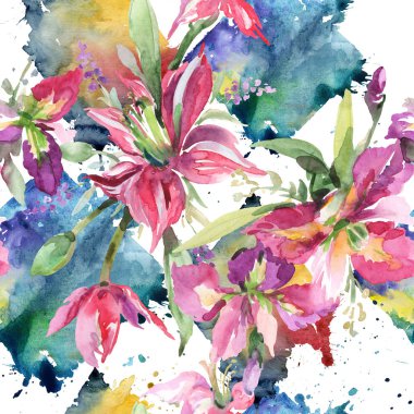 Buket irises çiçek botanik çiçekleri ile. Suluboya arka plan illüstrasyon seti. Kesintisiz arka plan deseni.