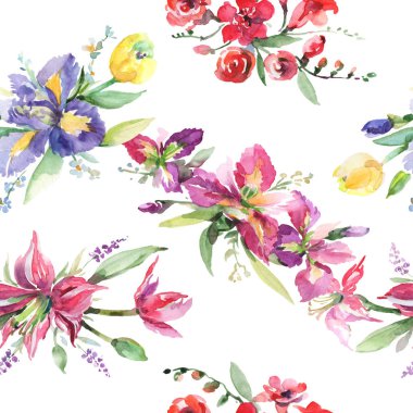 Buket irises çiçek botanik çiçekleri ile. Suluboya arka plan illüstrasyon seti. Kesintisiz arka plan deseni.