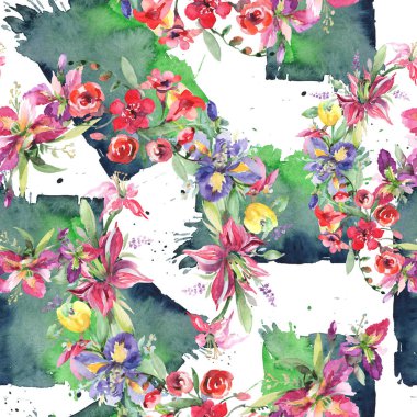 Buket irises çiçek botanik çiçekleri ile. Suluboya arka plan illüstrasyon seti. Kesintisiz arka plan deseni.