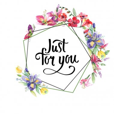 Buket irises çiçek botanik çiçekleri ile. Suluboya arka plan illüstrasyon seti. Çerçeve kenarlık süs karesi.