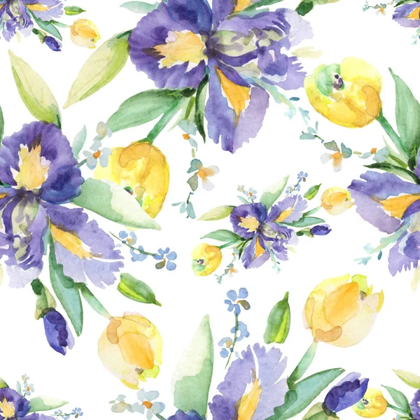 Buket irises çiçek botanik çiçekleri ile. Suluboya arka plan illüstrasyon seti. Kesintisiz arka plan deseni. — Stok fotoğraf