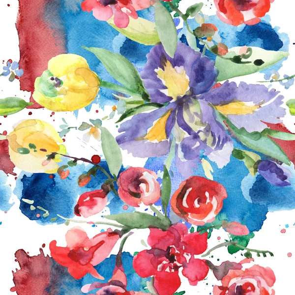 Bouquet avec iris fleurs botaniques florales. Ensemble d'illustration de fond aquarelle. Modèle de fond sans couture . — Photo