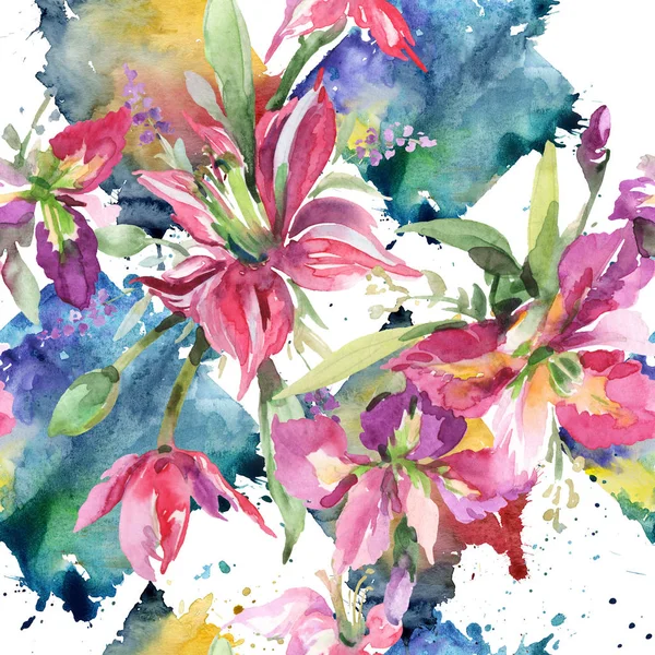 Buquê com íris flores botânicas florais. Conjunto de ilustração de fundo aquarela. Padrão de fundo sem costura . — Fotografia de Stock