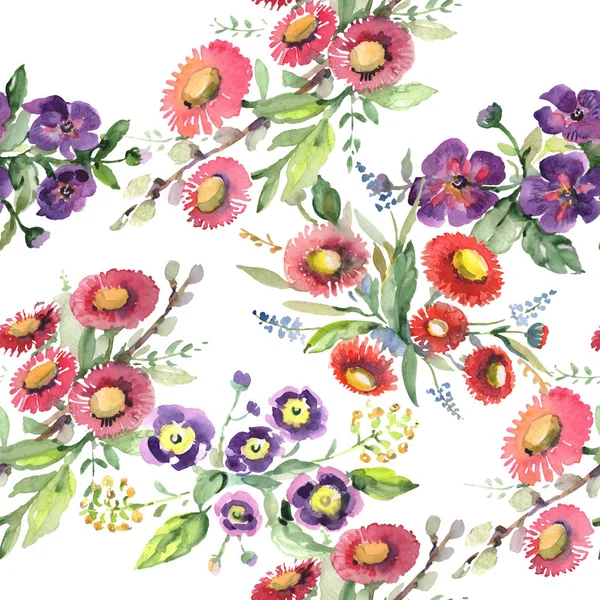 花束花卉植物花卉。水彩背景插图集。无缝的背景模式. — 图库照片
