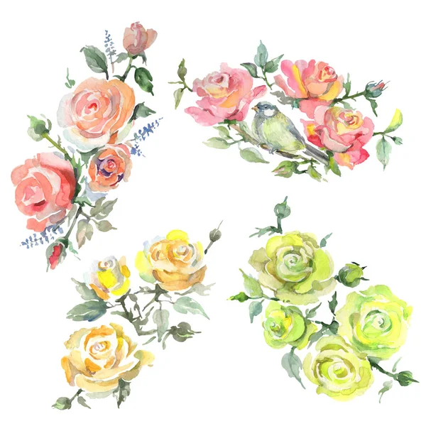 Ramo de rosas flores botánicas florales. Conjunto de ilustración de fondo acuarela. Ramos aislados elemento de ilustración . —  Fotos de Stock