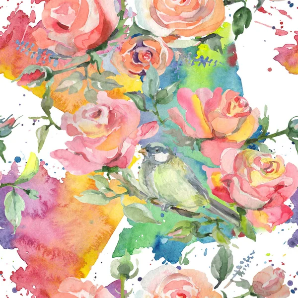 Gül buketi çiçek botanik çiçekleri. Suluboya arka plan illüstrasyon seti. Kesintisiz arka plan deseni.