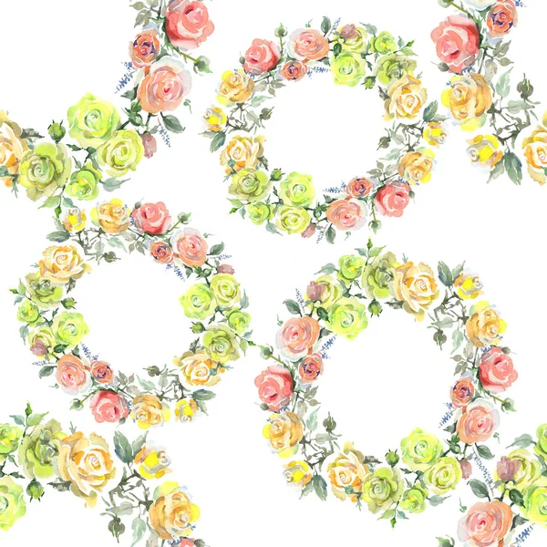玫瑰花束花植物花。水彩背景插图集。无缝背景模式. — 图库照片