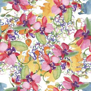 Orkide buketleri çiçek botanik çiçekler. Suluboya arka plan illüstrasyon seti. Kesintisiz arka plan deseni.