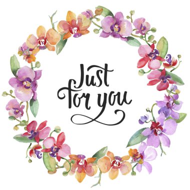 Orkide buketleri çiçek botanik çiçekler. Suluboya arka plan illüstrasyon seti. Çerçeve kenarlık süs karesi.