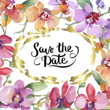 Orkide buketleri çiçek botanik çiçekler. Suluboya arka plan illüstrasyon seti. Çerçeve kenarlık süs karesi.