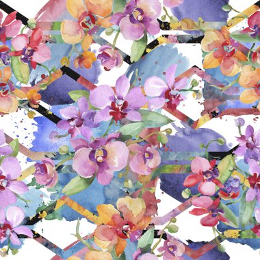 Orkide buketleri çiçek botanik çiçekler. Suluboya arka plan illüstrasyon seti. Kesintisiz arka plan deseni.