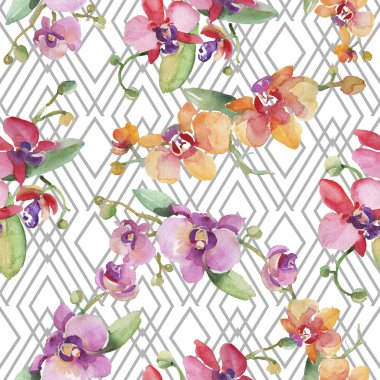 Orkide buketleri çiçek botanik çiçekler. Suluboya arka plan illüstrasyon seti. Kesintisiz arka plan deseni.