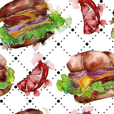 Hamburger fast food izole. Suluboya arka plan illüstrasyon seti. Kesintisiz arka plan deseni.