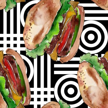 Hamburger fast food izole. Suluboya arka plan illüstrasyon seti. Kesintisiz arka plan deseni.