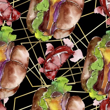 Hamburger fast food izole. Suluboya arka plan illüstrasyon seti. Kesintisiz arka plan deseni.