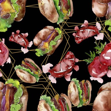 Hamburger fast food izole. Suluboya arka plan illüstrasyon seti. Kesintisiz arka plan deseni.