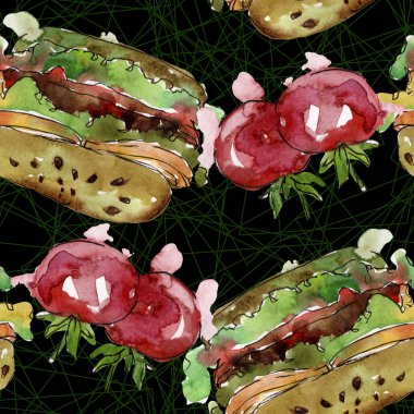 Hamburger fast food izole. Suluboya arka plan illüstrasyon seti. Kesintisiz arka plan deseni.