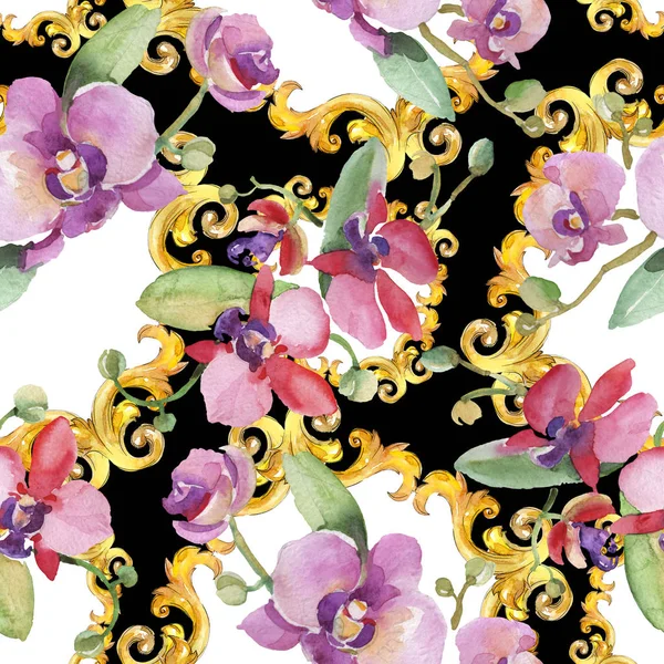 Orchidee boeketten bloemen botanische bloemen. Aquarel achtergrond illustratie instellen. Naadloos achtergrond patroon. — Stockfoto