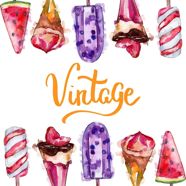 Sabroso helado en un estilo acuarela. Aquarelle dulce postre fondo ilustración. Marco borde ornamento cuadrado . — Foto de Stock