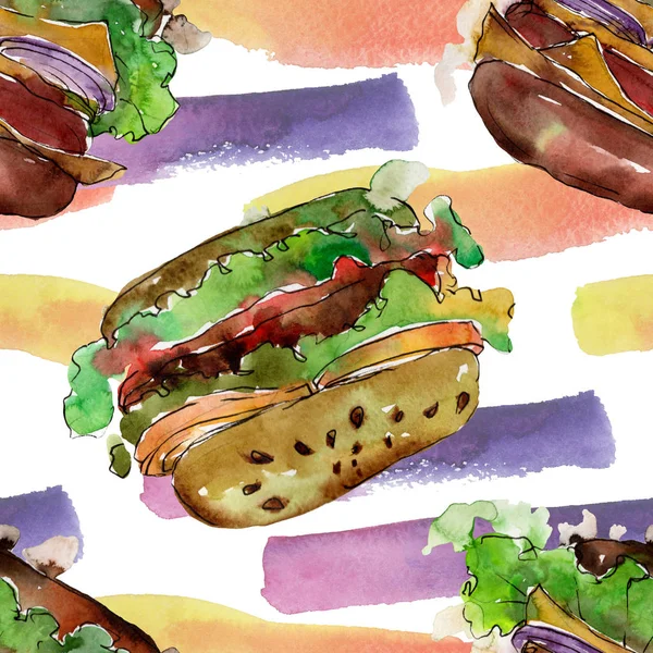 Hamburguesa de comida rápida aislada. Conjunto de ilustración de fondo acuarela. Patrón de fondo sin costuras . —  Fotos de Stock