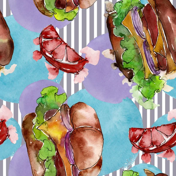Hamburger fast food isolated. Watercolor background illustration set. Seamless background pattern. — Stock Photo, Image